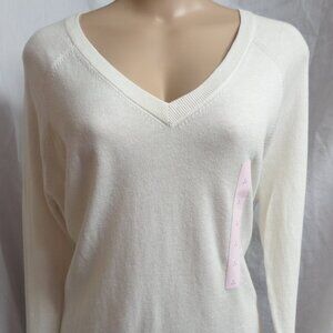 BANANA REPUBLIC IVORY V-NECK CHIFFON BACK THIN KNIT CAREER SWEATER SIZE: LP NWT